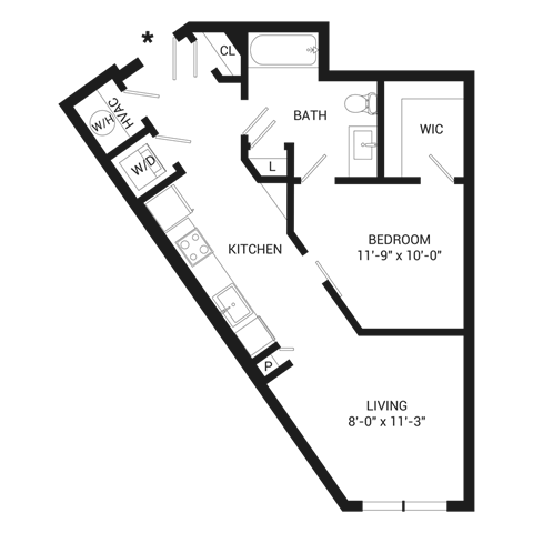 Floor plan for studio, 1 bath, 586 sqft